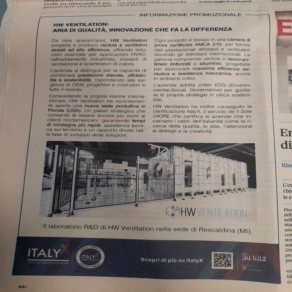 HW Ventilation featured in Il Sole 24 Ore